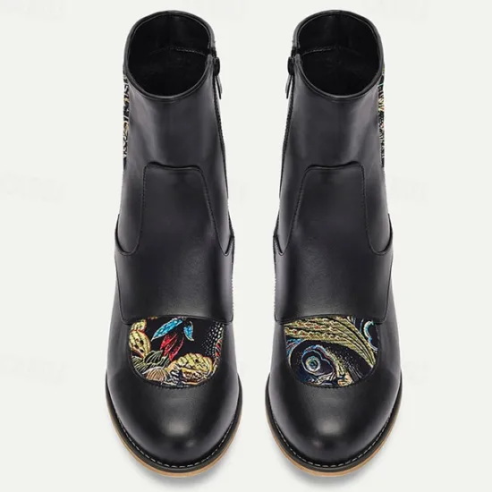 Discount OUKU Men's Vintage Elegance Embroidered Jacquard Fabric and Faux Leather Ankle Boots for Formal and Casual Wear Black