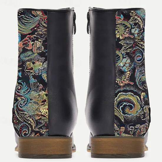 Discount OUKU Men's Vintage Elegance Embroidered Jacquard Fabric and Faux Leather Ankle Boots for Formal and Casual Wear Black