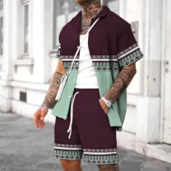 Best OUKU Men's Vintage Geometry Ethnic 2pcs Shirts Sets Summer Hawaiian Shirt Short Sleeve Short Pants Turndown Fashion Streetwear Designer Outdoor Street Daily Print Summer Spring Wine Navy Blue