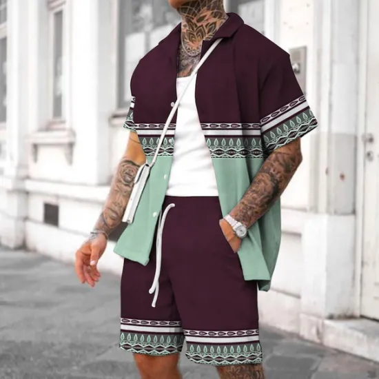 Best OUKU Men's Vintage Geometry Ethnic 2pcs Shirts Sets Summer Hawaiian Shirt Short Sleeve Short Pants Turndown Fashion Streetwear Designer Outdoor Street Daily Print Summer Spring Wine Navy Blue