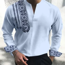 Clearance OUKU Men's Vintage Geometry Totem Shirt Button Up Shirt Long Sleeve Fashion Streetwear Designer Outdoor Casual Daily Summer Fall V Neck Print White Blue Green Khaki Light Blue