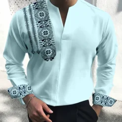 Clearance OUKU Men's Vintage Geometry Totem Shirt Button Up Shirt Long Sleeve Fashion Streetwear Designer Outdoor Casual Daily Summer Fall V Neck Print White Blue Green Khaki Light Blue
