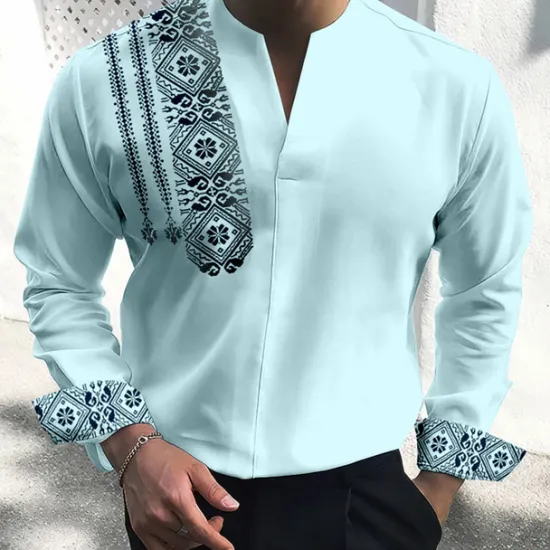 Clearance OUKU Men's Vintage Geometry Totem Shirt Button Up Shirt Long Sleeve Fashion Streetwear Designer Outdoor Casual Daily Summer Fall V Neck Print White Blue Green Khaki Light Blue