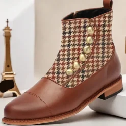 New OUKU Men's Vintage Houndstooth Ankle Boots with Faux Leather Accents and Decorative Buttons – Stylish Formal Boots for Fall and Winter Brown