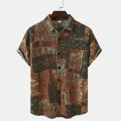 Hot OUKU Men's Vintage Shirt Boho Shirt Button Up Shirt Short Sleeve Fashion Designer Casual Casual Daily Spring & Summer Turndown Button-Down Blue Purple Green Coffee