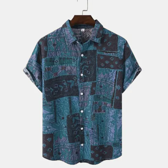 Hot OUKU Men's Vintage Shirt Boho Shirt Button Up Shirt Short Sleeve Fashion Designer Casual Casual Daily Spring & Summer Turndown Button-Down Blue Purple Green Coffee