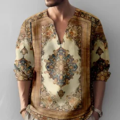 Sale OUKU Men's Vintage Shirt Button Up Shirt Long Sleeve Fashion Streetwear Designer Outdoor Casual Daily Summer Spring Fall Stand Collar Print Blue-Green Blue Green Khaki Gray