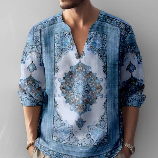 Sale OUKU Men's Vintage Shirt Button Up Shirt Long Sleeve Fashion Streetwear Designer Outdoor Casual Daily Summer Spring Fall Stand Collar Print Blue-Green Blue Green Khaki Gray