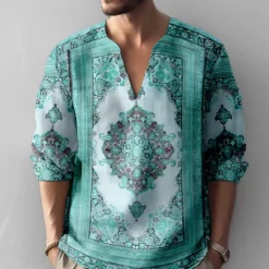 Sale OUKU Men's Vintage Shirt Button Up Shirt Long Sleeve Fashion Streetwear Designer Outdoor Casual Daily Summer Spring Fall Stand Collar Print Blue-Green Blue Green Khaki Gray