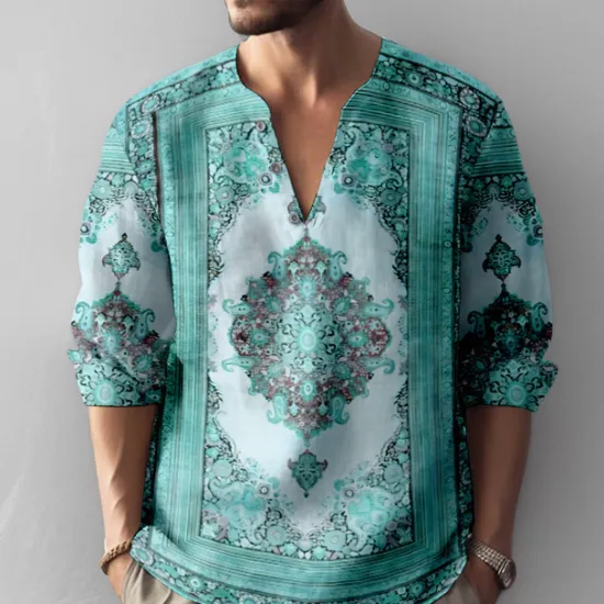 Sale OUKU Men's Vintage Shirt Button Up Shirt Long Sleeve Fashion Streetwear Designer Outdoor Casual Daily Summer Spring Fall Stand Collar Print Blue-Green Blue Green Khaki Gray