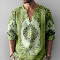 Sale OUKU Men's Vintage Shirt Button Up Shirt Long Sleeve Fashion Streetwear Designer Outdoor Casual Daily Summer Spring Fall Stand Collar Print Blue-Green Blue Green Khaki Gray