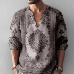 Sale OUKU Men's Vintage Shirt Button Up Shirt Long Sleeve Fashion Streetwear Designer Outdoor Casual Daily Summer Spring Fall Stand Collar Print Blue-Green Blue Green Khaki Gray