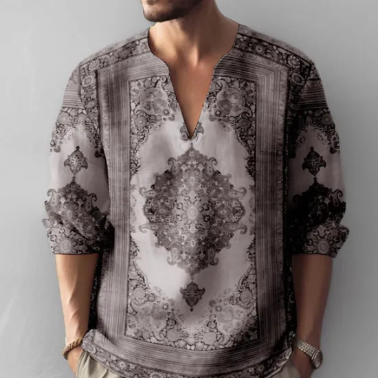 Sale OUKU Men's Vintage Shirt Button Up Shirt Long Sleeve Fashion Streetwear Designer Outdoor Casual Daily Summer Spring Fall Stand Collar Print Blue-Green Blue Green Khaki Gray