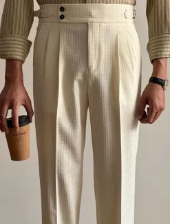 Hot OUKU Men's Waffle Graduation Dress Pants Naples Trousers Trousers Buttons Pocket Solid Colored Comfort Formal Party Work Fashion Classic Style Black White Micro-elastic