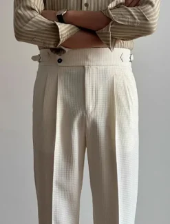 Hot OUKU Men's Waffle Graduation Dress Pants Naples Trousers Trousers Buttons Pocket Solid Colored Comfort Formal Party Work Fashion Classic Style Black White Micro-elastic