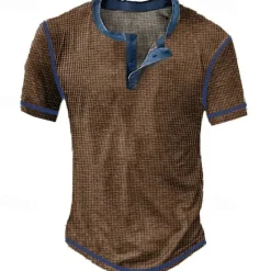 Best OUKU Men's Waffle Henley Shirt Tee Short Sleeve Plaid Checkered Fashion Designer Comfortable Buttons Henley Outdoor Casual Daily Summer Black White Yellow Henley T-Shirt