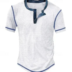 Best OUKU Men's Waffle Henley Shirt Tee Short Sleeve Plaid Checkered Fashion Designer Comfortable Buttons Henley Outdoor Casual Daily Summer Black White Yellow Henley T-Shirt