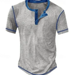 Best OUKU Men's Waffle Henley Shirt Tee Short Sleeve Plaid Checkered Fashion Designer Comfortable Buttons Henley Outdoor Casual Daily Summer Black White Yellow Henley T-Shirt