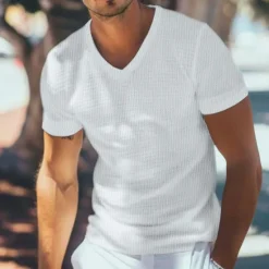 Online OUKU Men's Waffle Henley Shirt Tee Top Short Sleeve V Neck Summer Solid Color Fashion Designer Comfortable Buttons Outdoor Casual Daily White khaki Top Tee for Men