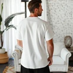 Online OUKU Men's Waffle Henley Shirt Tee Top Short Sleeve V Neck Summer Solid Color Fashion Designer Comfortable Buttons Outdoor Casual Daily White khaki Top Tee for Men