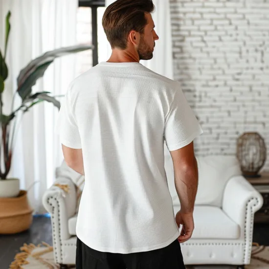Online OUKU Men's Waffle Henley Shirt Tee Top Short Sleeve V Neck Summer Solid Color Fashion Designer Comfortable Buttons Outdoor Casual Daily White khaki Top Tee for Men