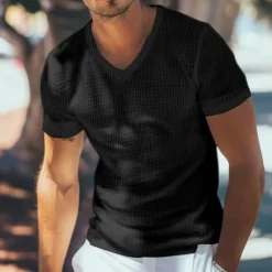 Online OUKU Men's Waffle Henley Shirt Tee Top Short Sleeve V Neck Summer Solid Color Fashion Designer Comfortable Buttons Outdoor Casual Daily White khaki Top Tee for Men