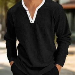 New OUKU Men's Waffle Henley Shirt Tee Top Long Sleeve Shirt Solid Color V Neck Outdoor Casual Long Sleeve Patchwork Button Clothing Apparel Fashion Designer Comfortable