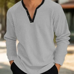 New OUKU Men's Waffle Henley Shirt Tee Top Long Sleeve Shirt Solid Color V Neck Outdoor Casual Long Sleeve Patchwork Button Clothing Apparel Fashion Designer Comfortable