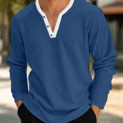 New OUKU Men's Waffle Henley Shirt Tee Top Long Sleeve Shirt Solid Color V Neck Outdoor Casual Long Sleeve Patchwork Button Clothing Apparel Fashion Designer Comfortable