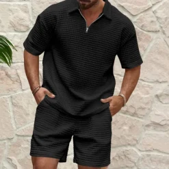 OUKU Men's Waffle Henley Shirt T-shirt Suits Tracksuit Tennis Shirt Short Sleeves Polo Collar Summer Solid Color Drawing Gymnatics Casual Zipper 2 Piece Vacation Daily Wear Activewear Army Green Black