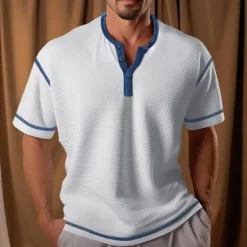 Online OUKU Men's Waffle Henley Shirt Henley Shirt Tee Top Color Block Henley Street Vacation Short Sleeves Patchwork Knitted Clothing Apparel Polyester Fashion Designer Basic