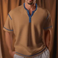 Online OUKU Men's Waffle Henley Shirt Henley Shirt Tee Top Color Block Henley Street Vacation Short Sleeves Patchwork Knitted Clothing Apparel Polyester Fashion Designer Basic
