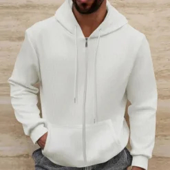 Best OUKU Men's Waffle Hoodies Hoodie Full Zip Hoodie Black White Royal Blue Beige Gray Hooded Plain Pocket Sports & Outdoor Daily Holiday Streetwear Cool Casual Spring & Fall Clothing Apparel Hoodies