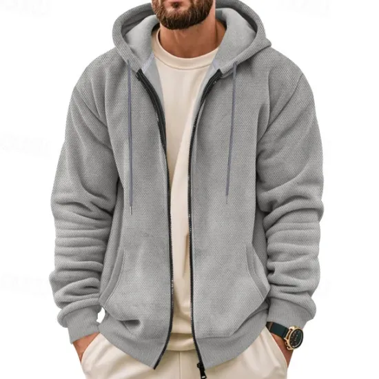 Online OUKU Men's Waffle Hoodies Zip Up Hoodie Hoodie Fleece Hoodie Black Army Green Navy Blue Khaki Gray Hooded Plain Pocket Sports & Outdoor Daily Holiday Streetwear Basic Casual Fall & Winter Clothing Apparel