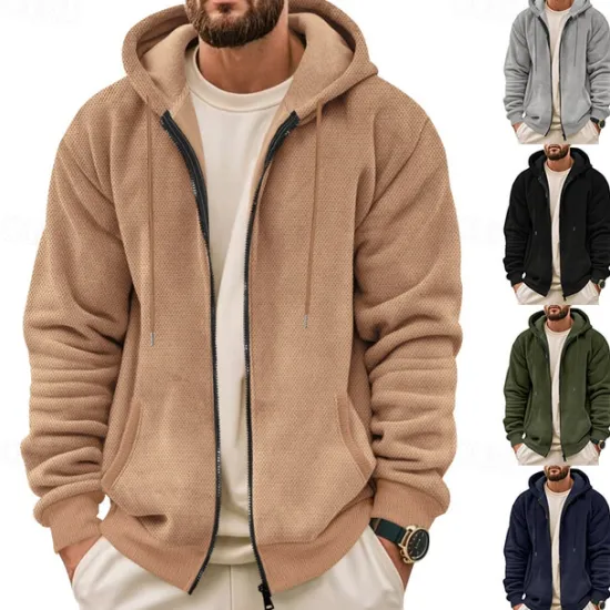 Online OUKU Men's Waffle Hoodies Zip Up Hoodie Hoodie Fleece Hoodie Black Army Green Navy Blue Khaki Gray Hooded Plain Pocket Sports & Outdoor Daily Holiday Streetwear Basic Casual Fall & Winter Clothing Apparel