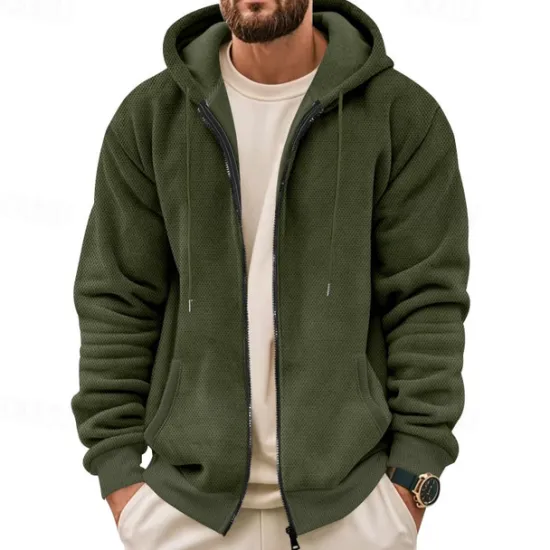 Online OUKU Men's Waffle Hoodies Zip Up Hoodie Hoodie Fleece Hoodie Black Army Green Navy Blue Khaki Gray Hooded Plain Pocket Sports & Outdoor Daily Holiday Streetwear Basic Casual Fall & Winter Clothing Apparel