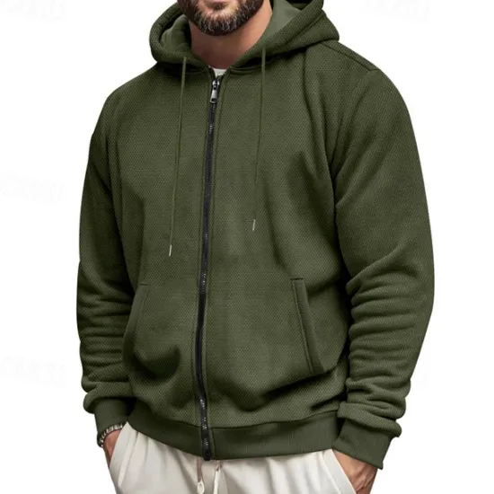 Online OUKU Men's Waffle Hoodies Zip Up Hoodie Hoodie Fleece Hoodie Black Army Green Navy Blue Khaki Gray Hooded Plain Pocket Sports & Outdoor Daily Holiday Streetwear Basic Casual Fall & Winter Clothing Apparel