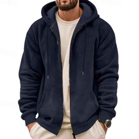 Online OUKU Men's Waffle Hoodies Zip Up Hoodie Hoodie Fleece Hoodie Black Army Green Navy Blue Khaki Gray Hooded Plain Pocket Sports & Outdoor Daily Holiday Streetwear Basic Casual Fall & Winter Clothing Apparel