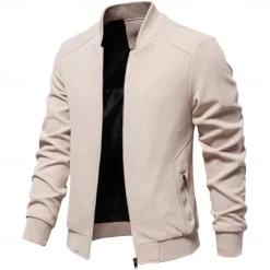 Hot OUKU Men's Waffle Jacket Casual Jacket Casual Daily Sexy Spring & Fall Solid / Plain Color Casual Standing Collar Regular Apricot Black Light Green Khaki Army Green Jacket