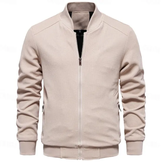 Hot OUKU Men's Waffle Jacket Casual Jacket Casual Daily Sexy Spring & Fall Solid / Plain Color Casual Standing Collar Regular Apricot Black Light Green Khaki Army Green Jacket