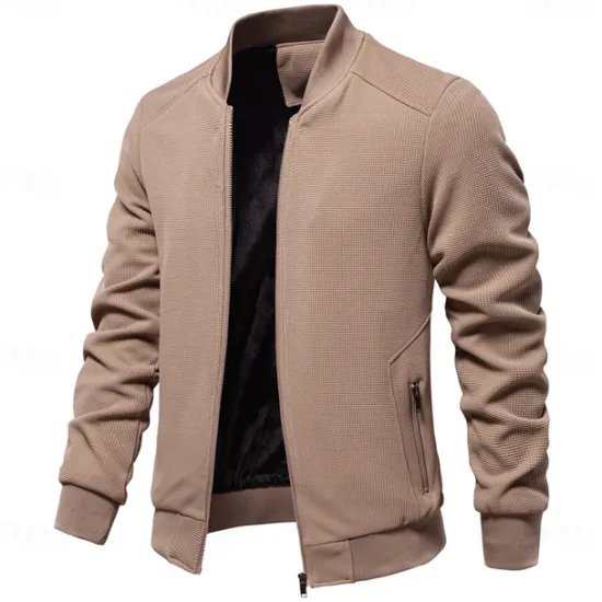 Hot OUKU Men's Waffle Jacket Casual Jacket Casual Daily Sexy Spring & Fall Solid / Plain Color Casual Standing Collar Regular Apricot Black Light Green Khaki Army Green Jacket
