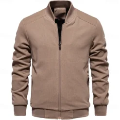 Hot OUKU Men's Waffle Jacket Casual Jacket Casual Daily Sexy Spring & Fall Solid / Plain Color Casual Standing Collar Regular Apricot Black Light Green Khaki Army Green Jacket