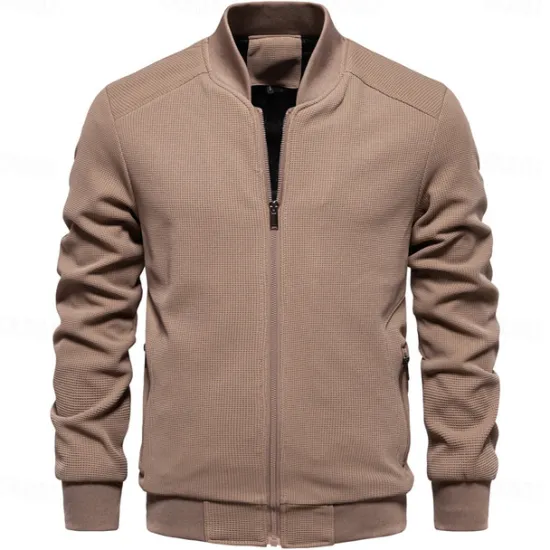 Hot OUKU Men's Waffle Jacket Casual Jacket Casual Daily Sexy Spring & Fall Solid / Plain Color Casual Standing Collar Regular Apricot Black Light Green Khaki Army Green Jacket