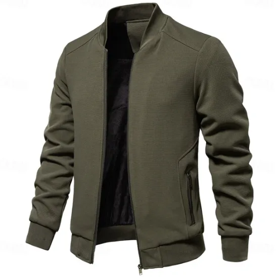Hot OUKU Men's Waffle Jacket Casual Jacket Casual Daily Sexy Spring & Fall Solid / Plain Color Casual Standing Collar Regular Apricot Black Light Green Khaki Army Green Jacket