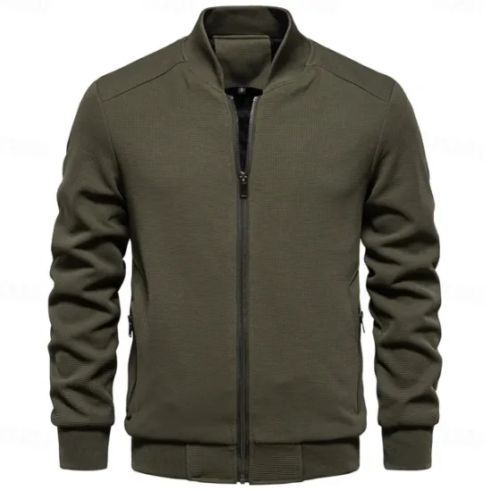 Hot OUKU Men's Waffle Jacket Casual Jacket Casual Daily Sexy Spring & Fall Solid / Plain Color Casual Standing Collar Regular Apricot Black Light Green Khaki Army Green Jacket