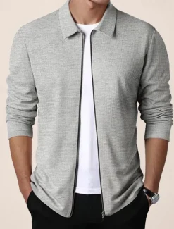Discount OUKU Men's Waffle Jacket Transition Jacket Daily Lightweight Pocket Spring & Fall Plain Classic Lapel Regular Waffle Fabric Black White Royal Blue Khaki Light Grey Jacket