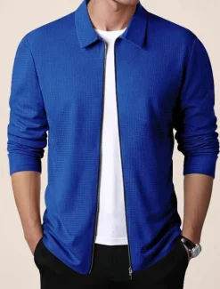 Discount OUKU Men's Waffle Jacket Transition Jacket Daily Lightweight Pocket Spring & Fall Plain Classic Lapel Regular Waffle Fabric Black White Royal Blue Khaki Light Grey Jacket