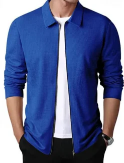 Discount OUKU Men's Waffle Jacket Transition Jacket Daily Lightweight Pocket Spring & Fall Plain Classic Lapel Regular Waffle Fabric Black White Royal Blue Khaki Light Grey Jacket