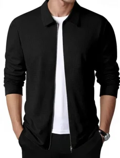 Discount OUKU Men's Waffle Jacket Transition Jacket Daily Lightweight Pocket Spring & Fall Plain Classic Lapel Regular Waffle Fabric Black White Royal Blue Khaki Light Grey Jacket