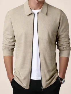 Discount OUKU Men's Waffle Jacket Transition Jacket Daily Lightweight Pocket Spring & Fall Plain Classic Lapel Regular Waffle Fabric Black White Royal Blue Khaki Light Grey Jacket